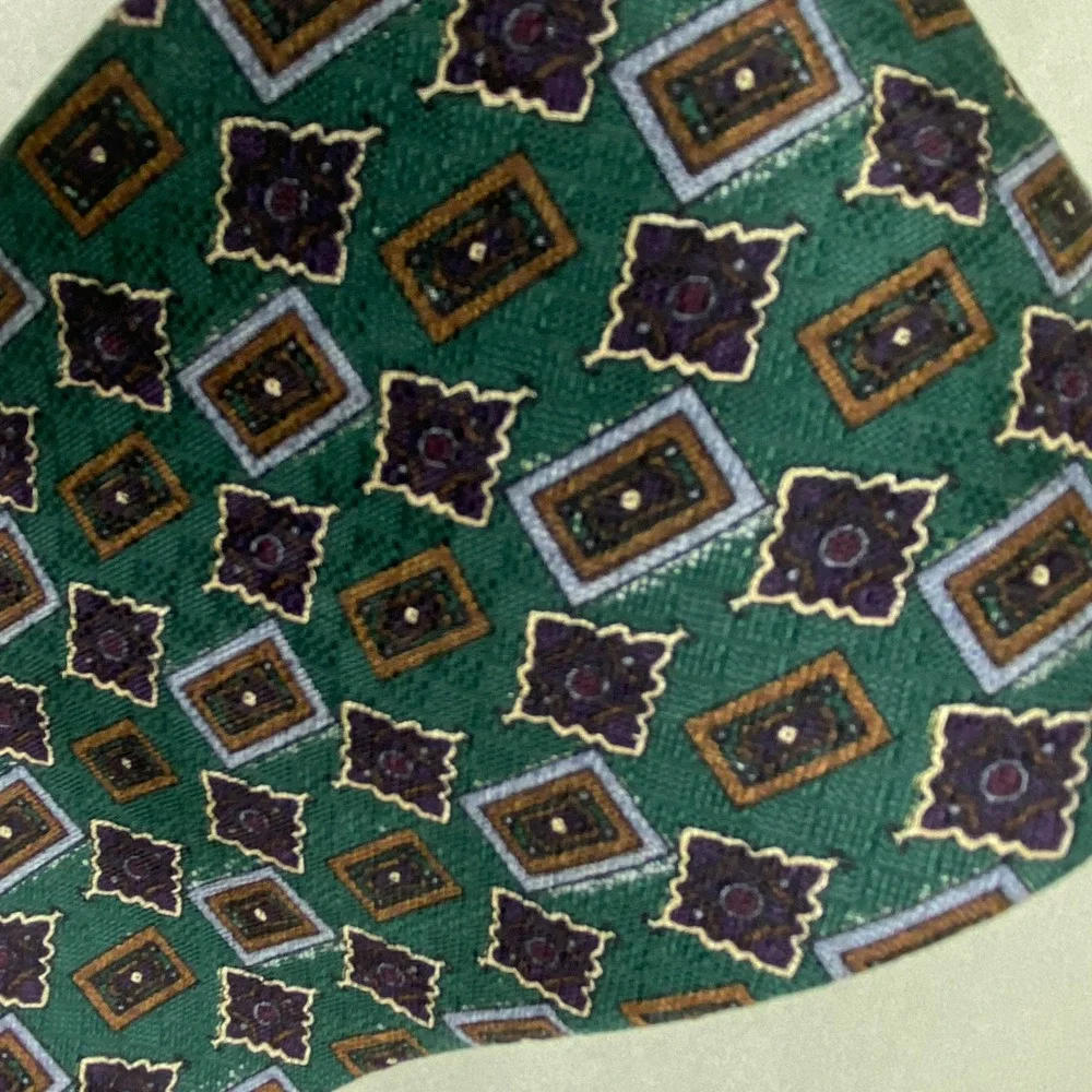 VTG Paolo Bianco Necktie Mens Geometric‎ Medallion Silk Green Dark Academia 55x4